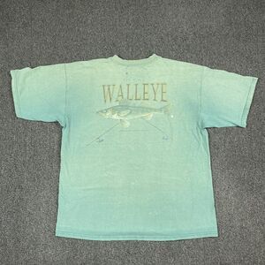 VTG WALLEYE Fishing T Shirt Mens Green Washed Out Casual T Shirt Size Large